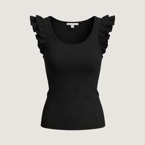 Old Navy Womens Black Ribbed Ruffle Shoulder Tank Top Scoop Neck Stretchy Cotton